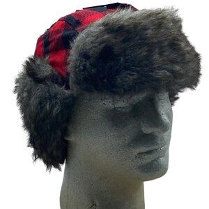 Rugged Wear RW Trapper Hat Men One Size Red Black Faux Fur Buffalo Plaid NWT NEW